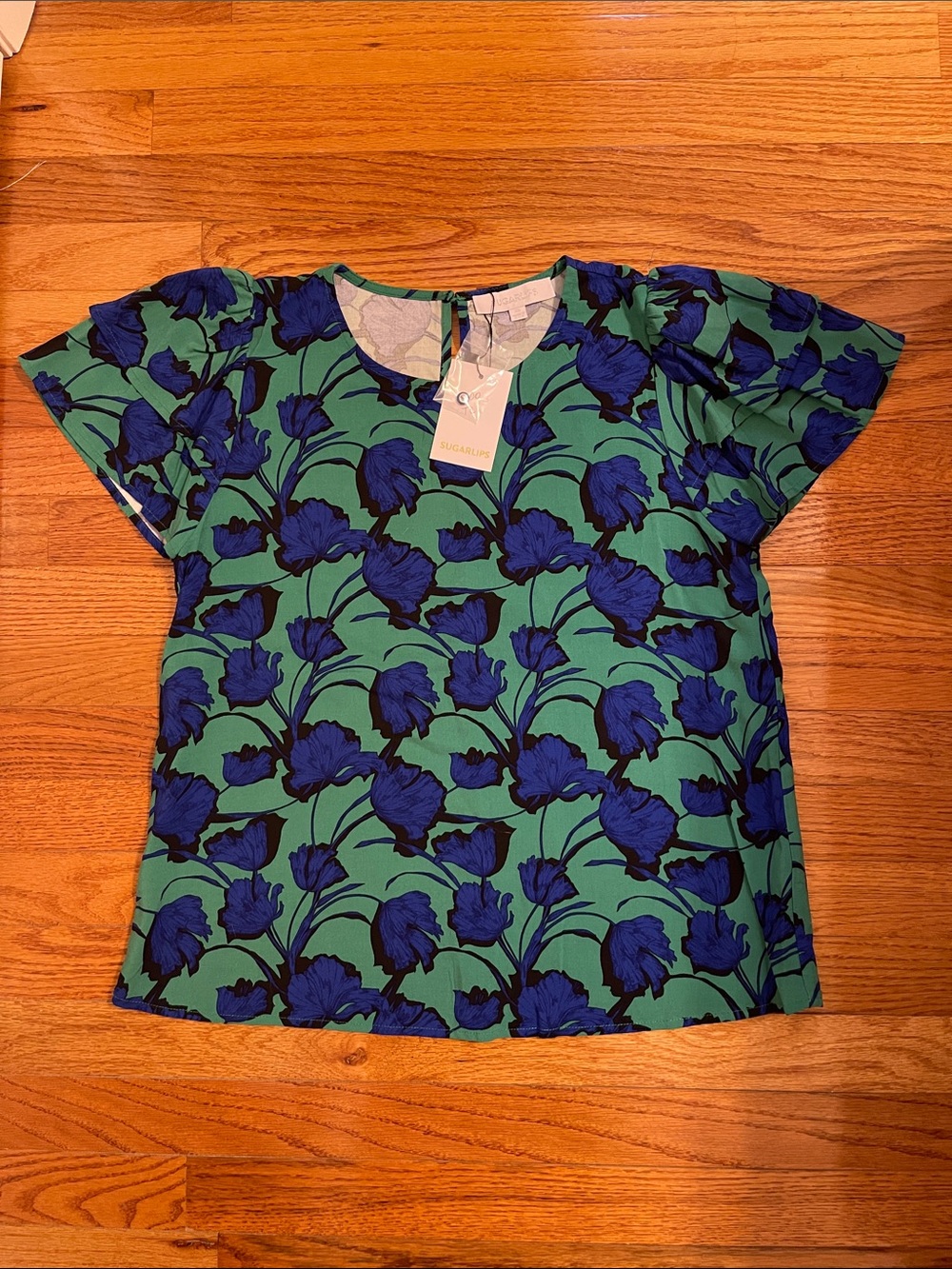 NWT Sugarlips Green & Blue Floral Ruffle Short Sleeve Blouse Sz XS
